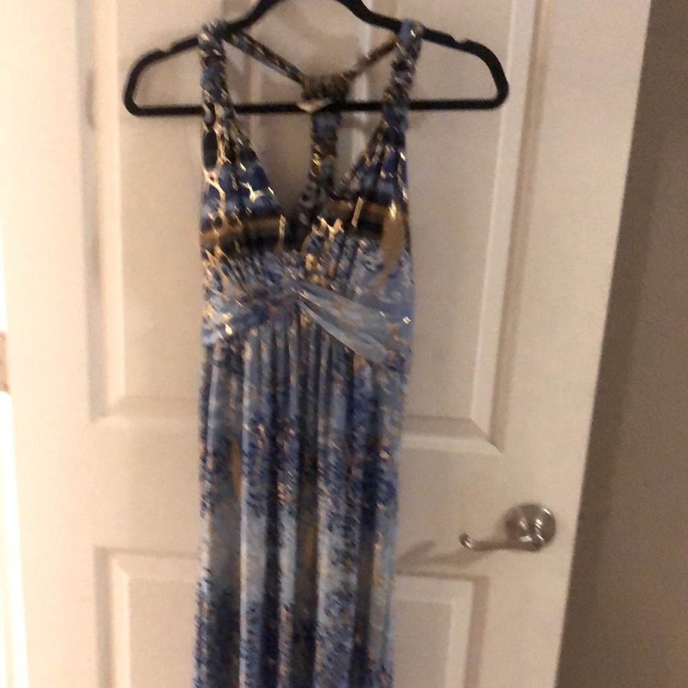 Ladies maxi dress blue and gold foil - T-Back design worn twice